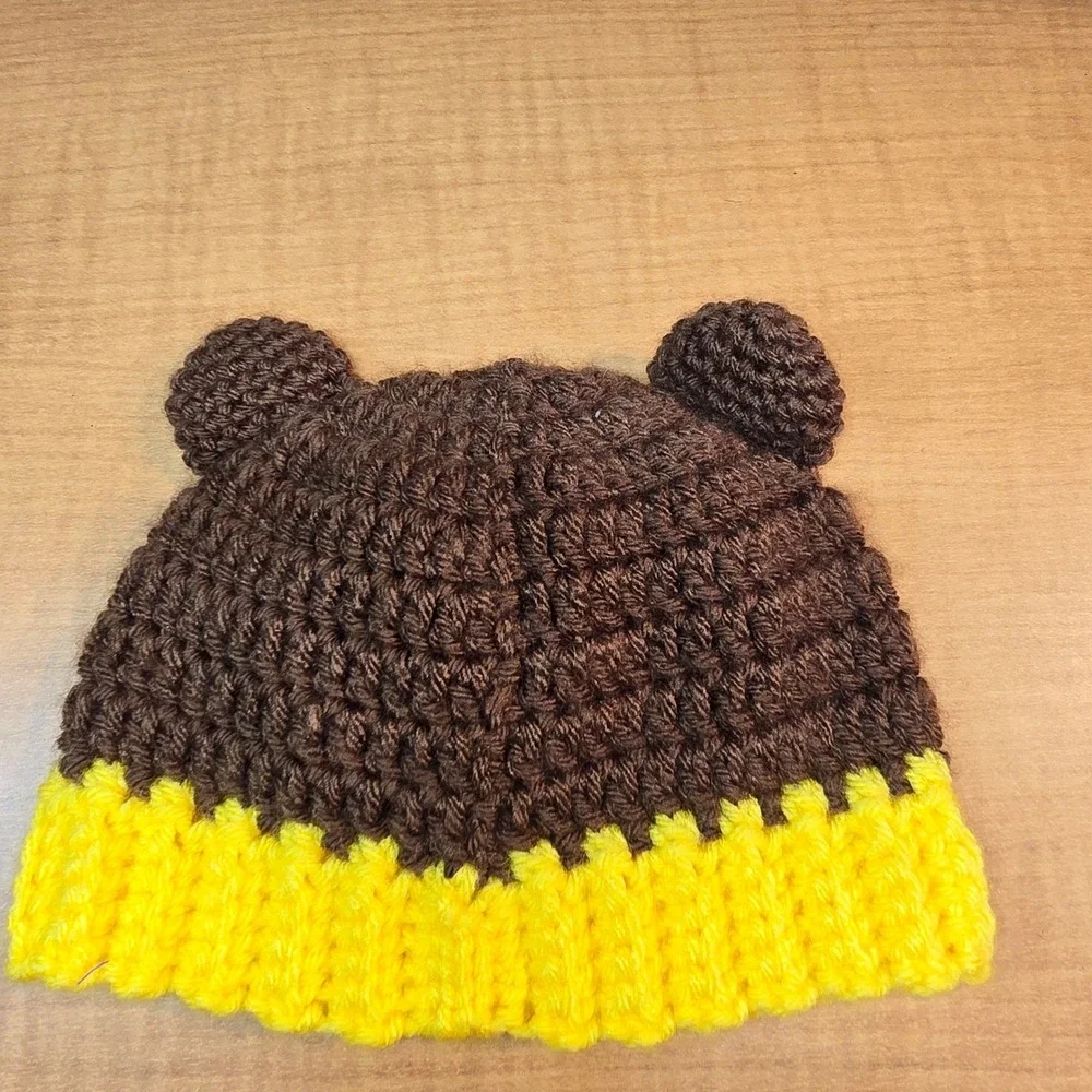 Hand Crocheted Teddy Bear Infant Hat Brown‎ Bear Newborn Doll Winter